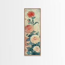 Load image into Gallery viewer, Chrysanthemums in Soft Pastel Tones on Tall Skinny Framed Canvas Print, Japanese Art Wall Decor
