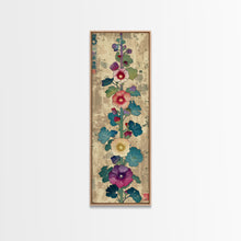 Cargar imagen en el visor de la galería, Colorful Hollyhock Flowers Traditional Japanese Woodblock Style Tall Skinny Framed Canvas Print Wall Art
