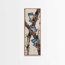 Load image into Gallery viewer, Three Blue Tree Frogs Branches Japanese Tall Wall Art Skinny Framed Canvas Print Ukiyo-e Style
