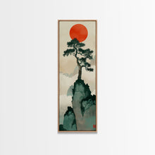 Load image into Gallery viewer, Bonsai Tree Mountain Red Sun Japanese Tall Wall Art Skinny Framed Canvas Print Ukiyo-e Style
