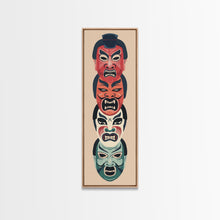 Load image into Gallery viewer, Bold Striking Japanese Kabuki Masks Vibrant Colors Depicted Traditional Style Tall Framed Canvas Print Cultural Home Decor
