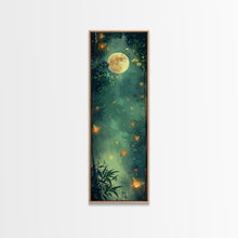 Load image into Gallery viewer, Enchanting Fireflies Illuminating Nighttime Forest Scene Under Full Moon Tall Framed Canvas Print Adding Magical Touch
