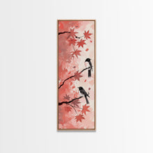 Load image into Gallery viewer, Red and Black Maple Leaves with Birds Perched on Branches Japanese Framed Canvas Print Ukiyo-e Art Skinny Tall Art
