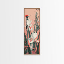Load image into Gallery viewer, Woodpecker Perched on Stalks of Flowers against a Soft Pink Background Ukiyo-e Art Japanese Framed Canvas Print Skinny Tall Art
