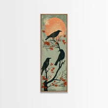 Carregar imagem no visualizador da galeria, Black Crows Japanese Art Skinny Wall Art Framed Canvas Print on Branches with Red Maple Leaves Against Warm Orange Sun
