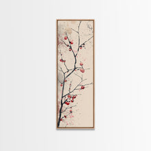 Cargar imagen en el visor de la galería, Minimalist Japanese Tree Branch With Red Berries, Ukiyo-e Woodblock Style Canvas, Framed Canvas Print, Japanese Tall Skinny Wall Art, Ready To Hang
