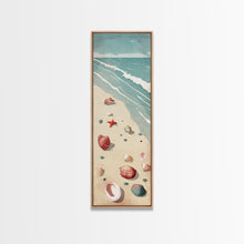 Load image into Gallery viewer, Japanese Style Art Featuring A Serene Beach Scene With Seashells And Gentle Waves, Skinny Art, Tall Art, Ukiyo-e Art, Framed Canvas Print, Wood Block Print
