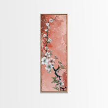 Load image into Gallery viewer, Skinny Art Tall Art Cherry Blossoms Wood Block Print Japanese Style Art With Delicate Branches On Soft Pink Background Framed Canvas Print
