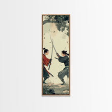 Load image into Gallery viewer, Skinny Art Tall Art Samurai Duel Wood Block Print Japanese Style Art Intense Battle Between Two Warriors Framed Canvas Print
