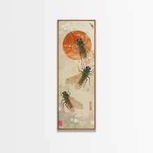 Load image into Gallery viewer, Detailed Depiction Of Cicadas Against Warm Sunset Background Ukiyo-e Skinny Tall Wood Block Framed Canvas Print Japanese Style Art
