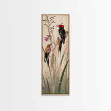 Load image into Gallery viewer, Detailed Woodpeckers Perched On Stems Amid Nature For Rustic Wall Art Ukiyo-e Japanese Style Art Skinny Framed Canvas Print

