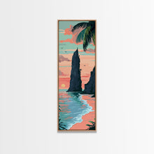 Load image into Gallery viewer, Towering Coastal Rock Formation During Sunset With Palm Trees For Serene Beach Wall Art Japanese Style Framed Canvas Print
