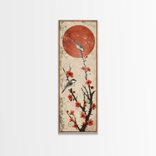 Load image into Gallery viewer, Delicate Birds Perched On Blooming Branch With Red Sun For Traditional Japanese Wall Art Decor Ukiyo-e Style Framed Canvas Print
