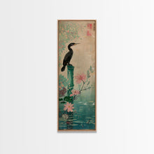 Load image into Gallery viewer, Tall Skinny Art Japanese Style Wood Block Print Bird Perched On Bamboo By A Pond With Flowers In Ukiyo-e Style For Framed Canvas Print
