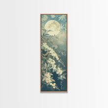 Load image into Gallery viewer, Delicate White Flowers and Full Moon in a Tranquil Night Setting - Skinny Art, Japanese Wall Decor, Framed Canvas Print, Ukiyo-e Style
