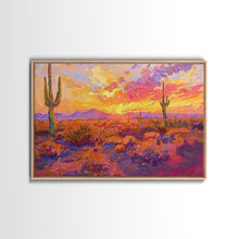 Load image into Gallery viewer, Desert Cactus Sunset Painting Framed Canvas Print, Western Decor, Southwest Wall Art, Arizona Painting, Landscape Painting, Farmhouse Decor
