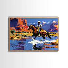 Load image into Gallery viewer, Crossing The Colorado River, Framed Canvas Print, Kitsch Western Wall Art, Colorful Western Painting Original Artwork, Pop Art Painting
