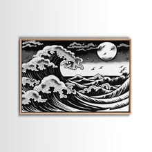 Carregar imagem no visualizador da galeria, Black and White Wave Canvas Print, Hokusai Inspired Wall Art, Woodblock Print Style, Wall Art, Vintage Style Wall Art
