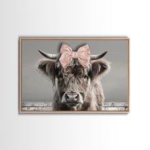 Carregar imagem no visualizador da galeria, Framed Canvas Print, Cute Highland Cow Wearing A Pink Bowtie, Framed Wall Decor, Rustic Minimalist Farmhouse Decor, Western Art
