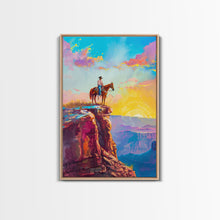 Load image into Gallery viewer, Cowboy on Cliff Edge at Sunrise - Colorful Western Landscape Painting, Framed Canvas Print, Sunrise Wall Art, Living Room Decor
