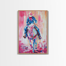 Load image into Gallery viewer, Cowboy Riding in Pink - Colorful Western Art, Framed Canvas Print, Living Room Decor, Cowboy Painting, Vibrant Wall Art
