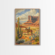 Load image into Gallery viewer, Desert Cowboy Riding Through Cactus - Framed Canvas Print, Western Landscape Art, Southwestern Wall Art for Home Decoration
