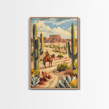 Load image into Gallery viewer, Cowboy Riding in Desert Landscape with Cacti - Framed Canvas Print, Western Art, Southwestern Decor, Desert Scene Wall Art for Home
