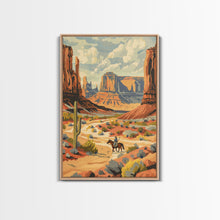 Load image into Gallery viewer, Cowboy in Southwestern Desert Landscape - Framed Canvas Print, Western Wall Art, Desert Scene Art, Cactus Decor for Living Room
