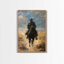 Load image into Gallery viewer, Lone Cowboy Riding into Sunset - Framed Canvas Print, Western Art, Living Room Decor, Cowboy Art for Bedroom, Rustic Wall Art

