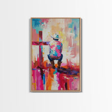 Carregar imagem no visualizador da galeria, Abstract Cowboy with Cross in Bold Hues - Framed Canvas Print, Modern Western Decor, Vibrant Cowboy Wall Art for Living Room or Bedroom
