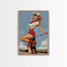 Load image into Gallery viewer, Vintage Cowgirl Pin-Up Art Print, Retro Western Framed Canvas, Classic Pin-Up Girl in Cowboy Hat and Boots, Unique Wall Decor
