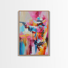 Load image into Gallery viewer, Dynamic Cowboy with Gun - Framed Canvas Print, Action-Packed Western Art, Bold Cowboy Wall Art for Living Room Decor
