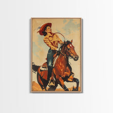 Load image into Gallery viewer, Dynamic Cowgirl on Horseback in Action | Framed Canvas Print | Western Wall Art | Living Room Decor | Rustic Home Decor
