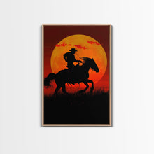 Carregar imagem no visualizador da galeria, Action Cowboy Silhouette on Horse at Sunset | Framed Canvas Print | Western Wall Art | Dramatic Cowboy Wall Art for Home Decor
