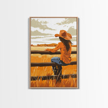 Cargar imagen en el visor de la galería, Contemplative Cowgirl on Fence Framed Canvas Print - Serene Western Decor, Country Wall Art for Living Room, Bedroom Artwork
