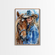 Load image into Gallery viewer, Cowgirl with Horse in Denim Outfit - Framed Canvas Print, Western Wall Art, Rustic Decor, Living Room and Bedroom Art Print
