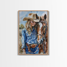 Load image into Gallery viewer, Cowgirl Preparing Horse for Ride - Framed Canvas Print, Western Wall Art, Rustic Decor, Living Room and Bedroom Art Print

