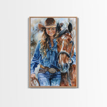 Load image into Gallery viewer, Cowgirl Embracing Horse with Hat - Framed Canvas Print, Western Wall Art, Rustic Decor, Living Room and Bedroom Art Print
