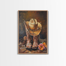 Load image into Gallery viewer, Cowboy Boots and Hat with Flowers Art - Framed Canvas Print, Rustic Wall Decor, Western Bedroom Art, Cowboy Home Decoration
