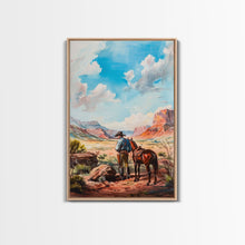 Load image into Gallery viewer, Cowboy and Horse Desert Scene Art - Framed Canvas Print, Western Living Room Decor, Cowboy Wall Art, Desert Home Decoration
