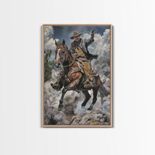 Load image into Gallery viewer, Framed Canvas Print, Cowboy Riding Horse with Gun Wall Art, Western Style Artwork for Living Room or Bedroom Decor, Dynamic Home Art Piece
