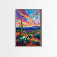 Load image into Gallery viewer, Framed Canvas Print, Cacti and Mountains at Sunset Wall Art, Vibrant Southwest Decor for Living Room or Bedroom, Nature Art Decoration Piece
