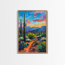 Load image into Gallery viewer, Framed Canvas Print, Cactus and Desert Path Wall Art, Vibrant Southwest Landscape for Living Room or Bedroom, Nature Art Poster Piece

