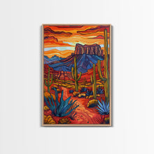 Load image into Gallery viewer, Framed Canvas Print, Bold Desert Landscape with Saguaro Cacti and Mountains, Unique Wall Art for Living Room or Bedroom
