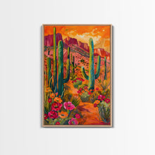 Load image into Gallery viewer, Framed Canvas Print, Vibrant Desert Scene with Saguaro Cacti and Flowers, Unique Wall Art for Living Room or Bedroom
