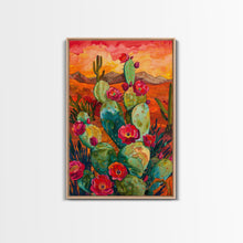 Load image into Gallery viewer, Framed Canvas Print, Blooming Cacti in Desert Sunset, Stunning Wall Art for Living Room or Bedroom Decor

