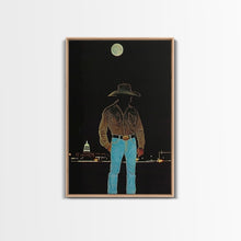 Load image into Gallery viewer, Cowboy Under the Moon Print - Framed Canvas Wall Art, Rustic Western Decor, Nighttime Cowboy Artwork for Living Room, Western Night Sky
