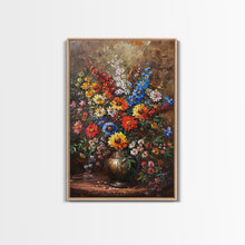 Load image into Gallery viewer, Bold Flower Bouquet Art on Dark Background - Framed Canvas Print, Vibrant Floral Wall Art for Living Room, Modern Artwork, Flower Decor
