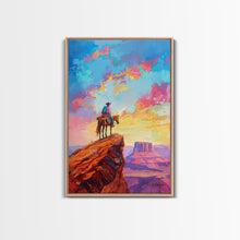 Load image into Gallery viewer, Cowboy on Horseback Overlooking Canyon - Vibrant Western Landscape Art, Sunset Painting, Living Room Decor, Cowboy Canvas Print
