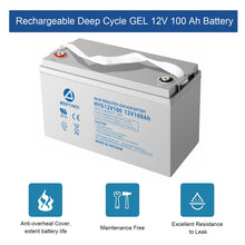 Load image into Gallery viewer, 12-100Ah Rechargeable Gel Deep Cycle 12V 100 Ah Battery with Button Style Terminals
